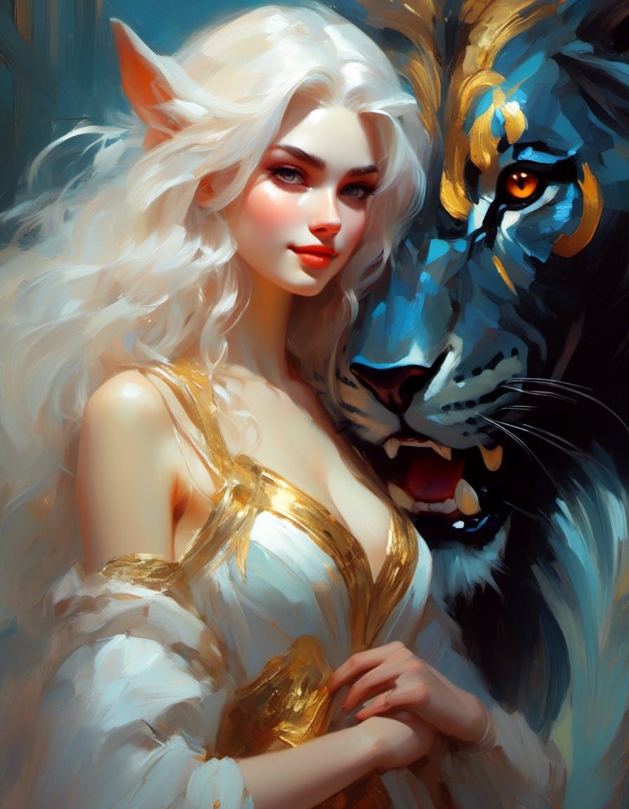 Smiling Elf Cuddles Lion in Detailed Digital Painting
