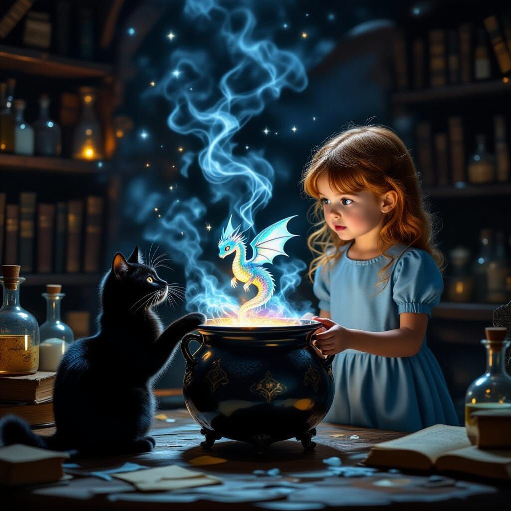 Girl, Cat, and Glass Dragon Emerge from Magical Cauldron