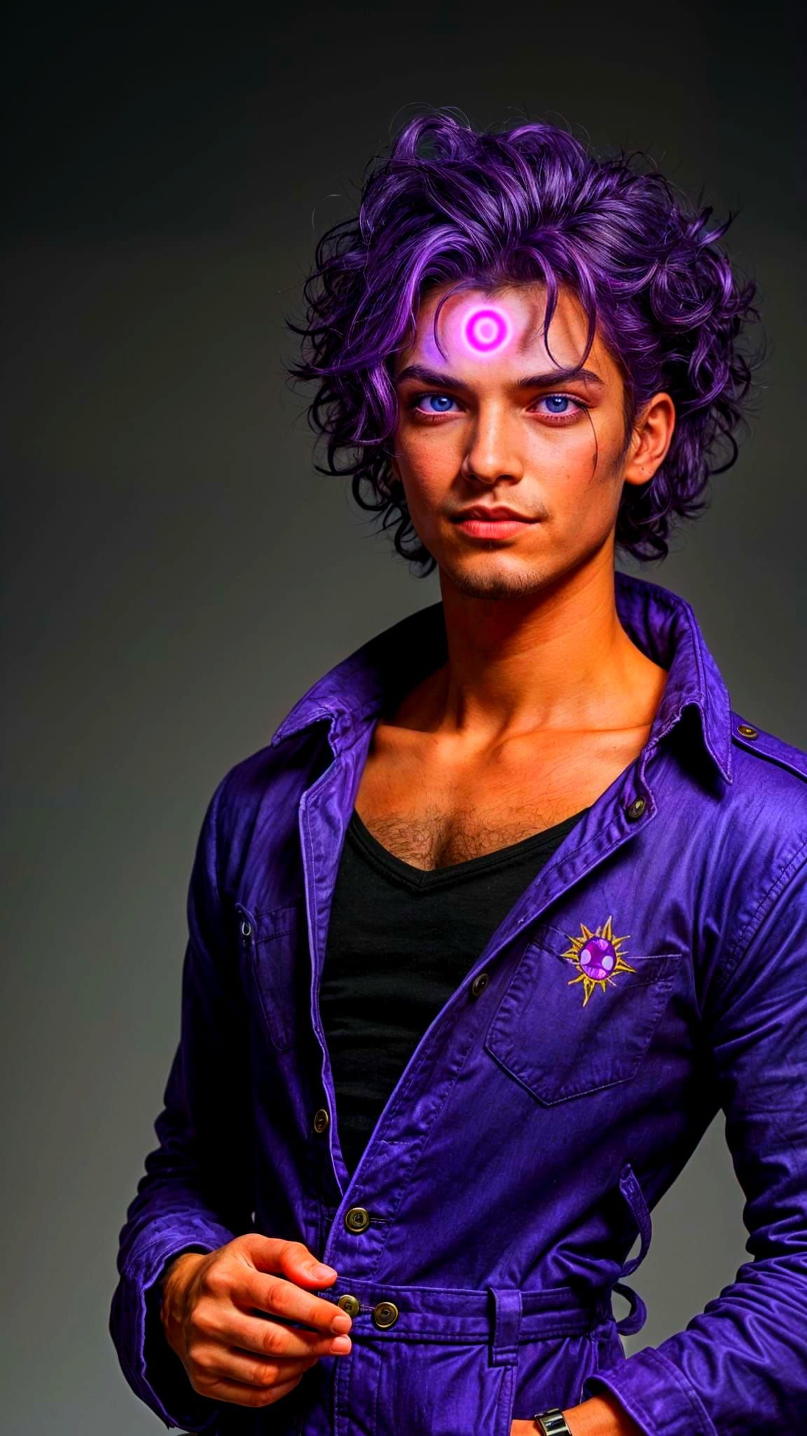 Feral Boy with Glowing Eyes in Retro-Inspired Outfit