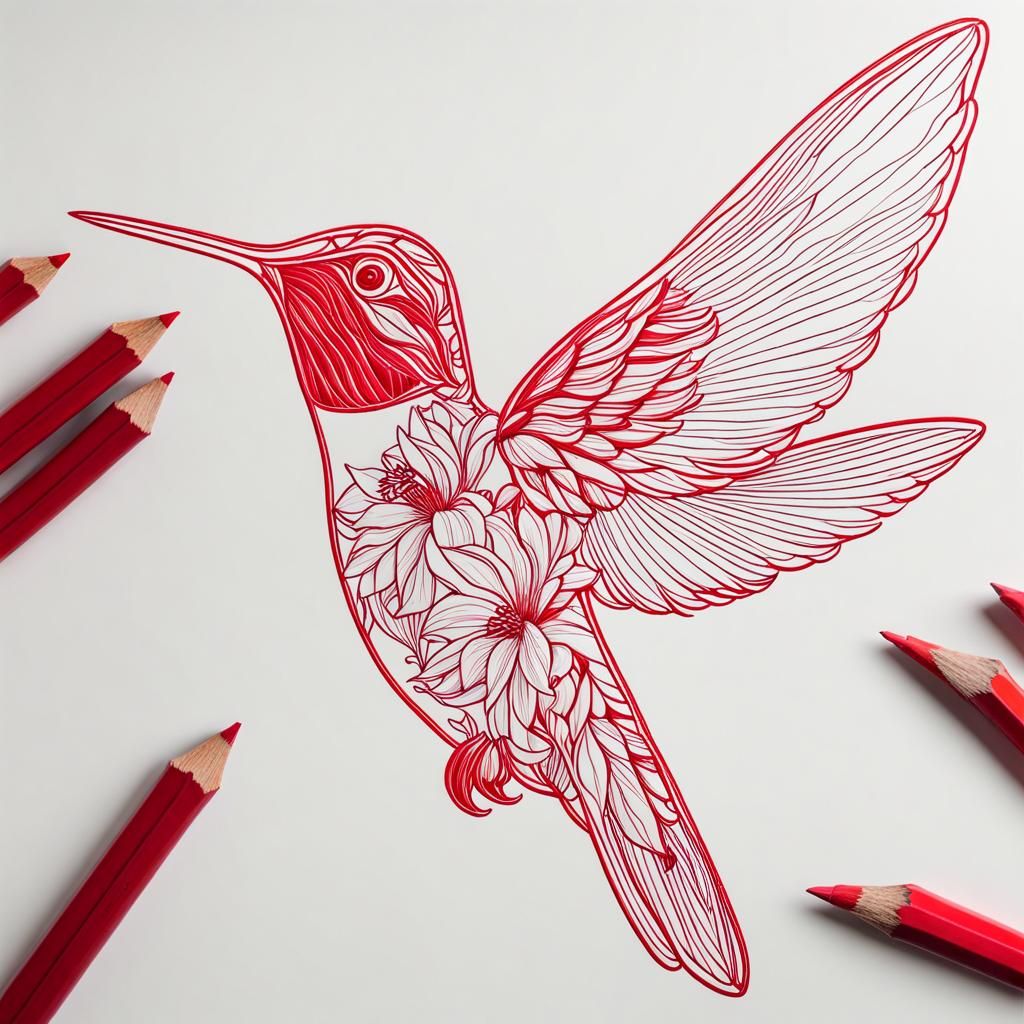 Hummingbird and Flowers: Red Pencil Outline Sketch