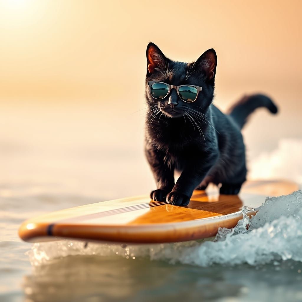 A Cat Rides a Surfboard in a Warm, Sun-Kissed Scene