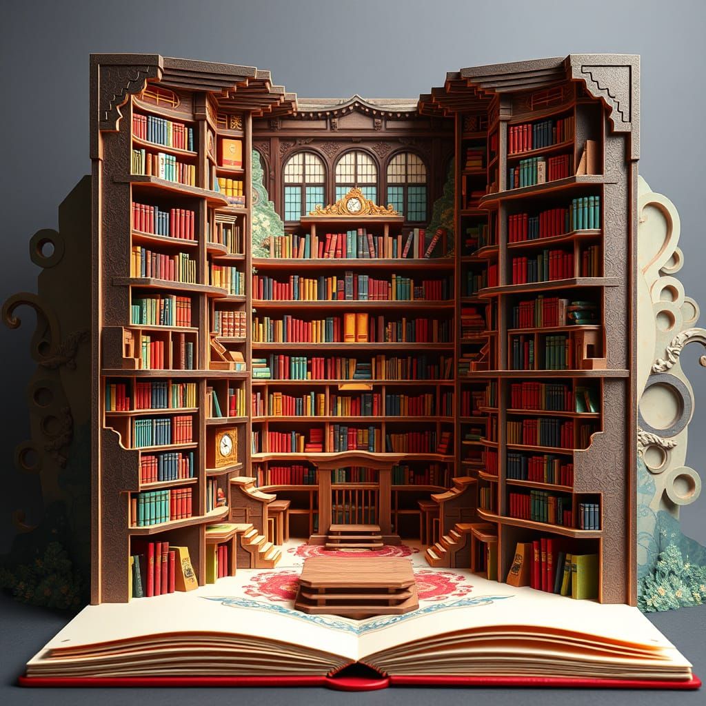 Majestic Papercraft Library in Vibrant Ukiyo-e Style