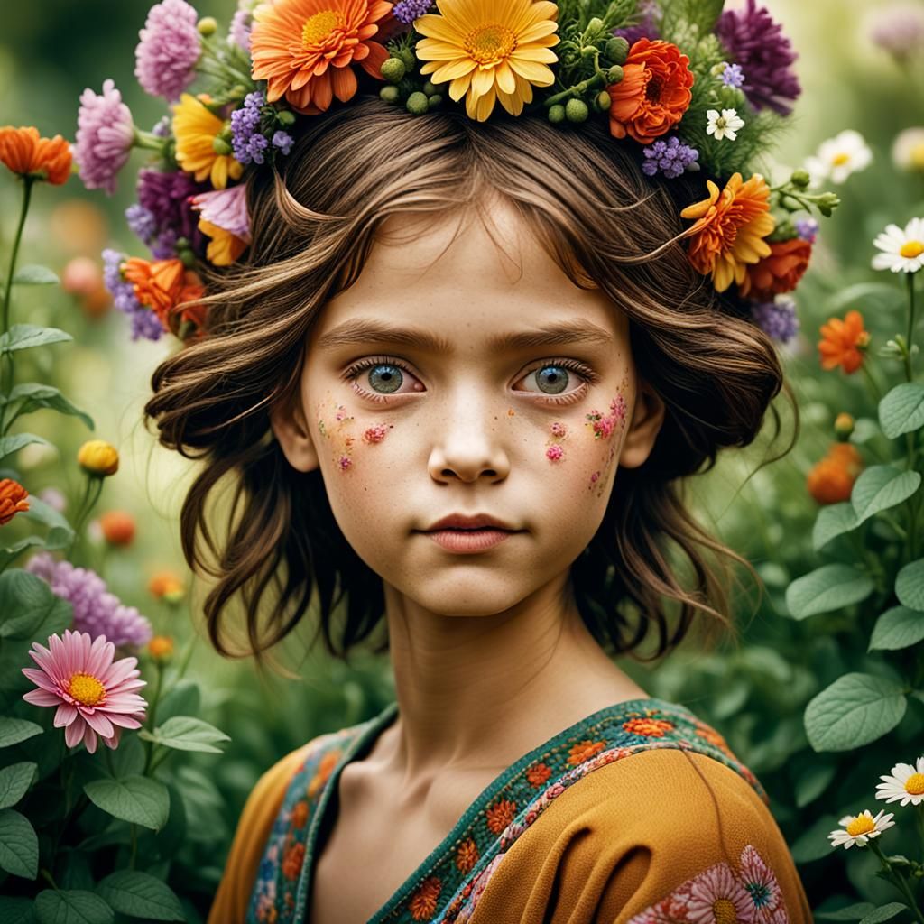 Hyperrealistic Portrait in a Floral Garden