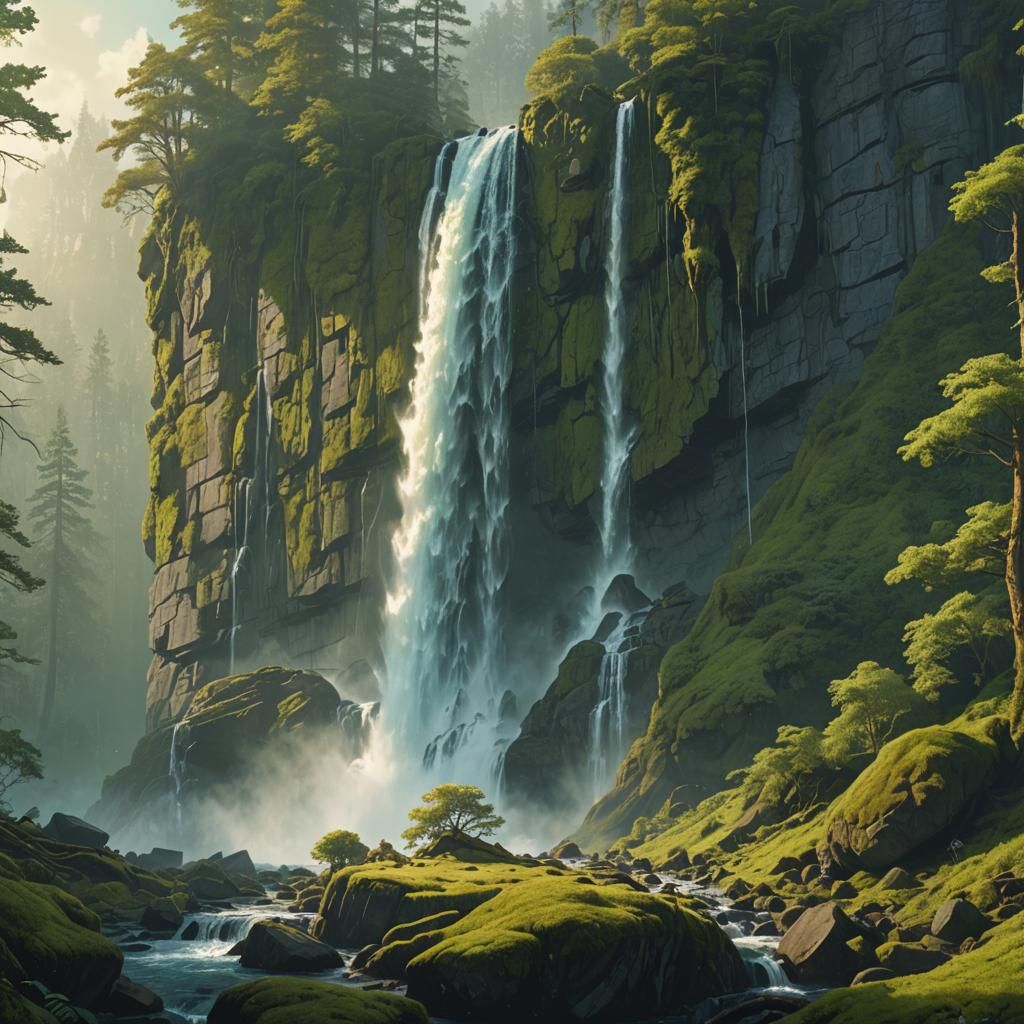 Lush Waterfall in Mystical Forest, Fantasy Concept Art