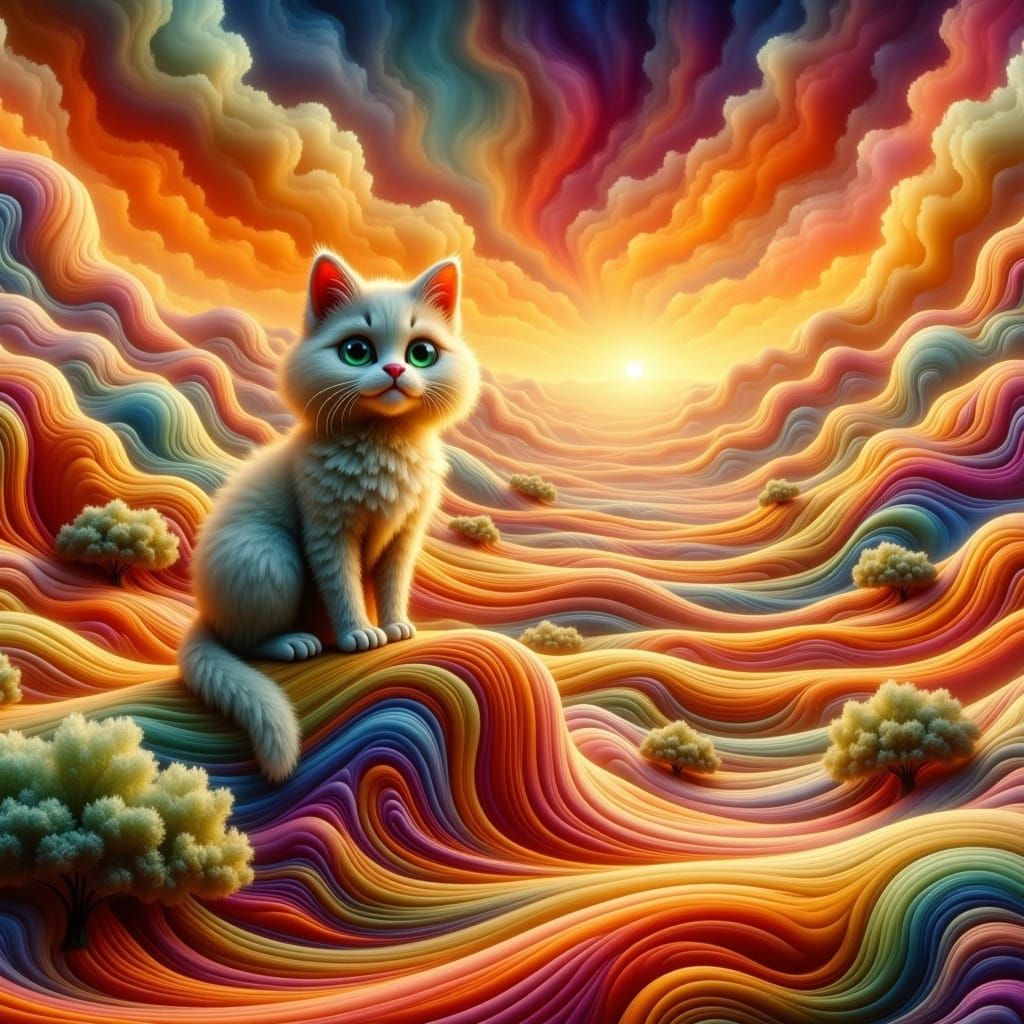 Kitten on Desert Rock at Sunset, Whimsical Illustration