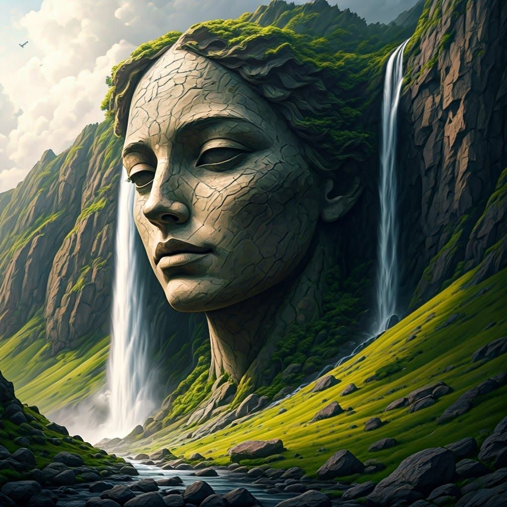 Majestic Goddess Cliff Face in Ethereal Style