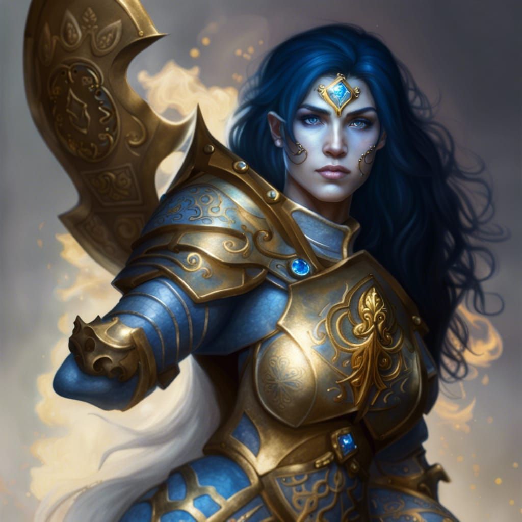 Blue-Skinned Paladin with Golden Tattoos in Ethereal Style