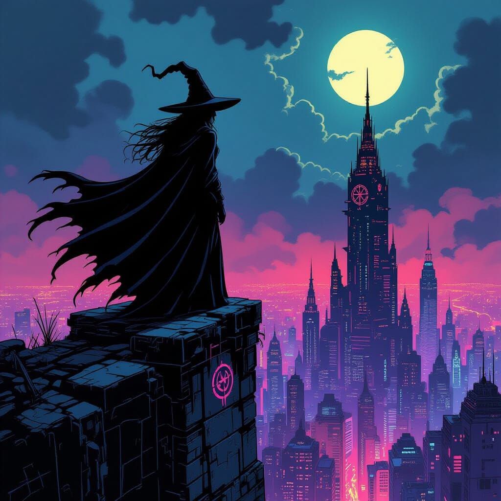Witch Above Neon City in Comic Art Style