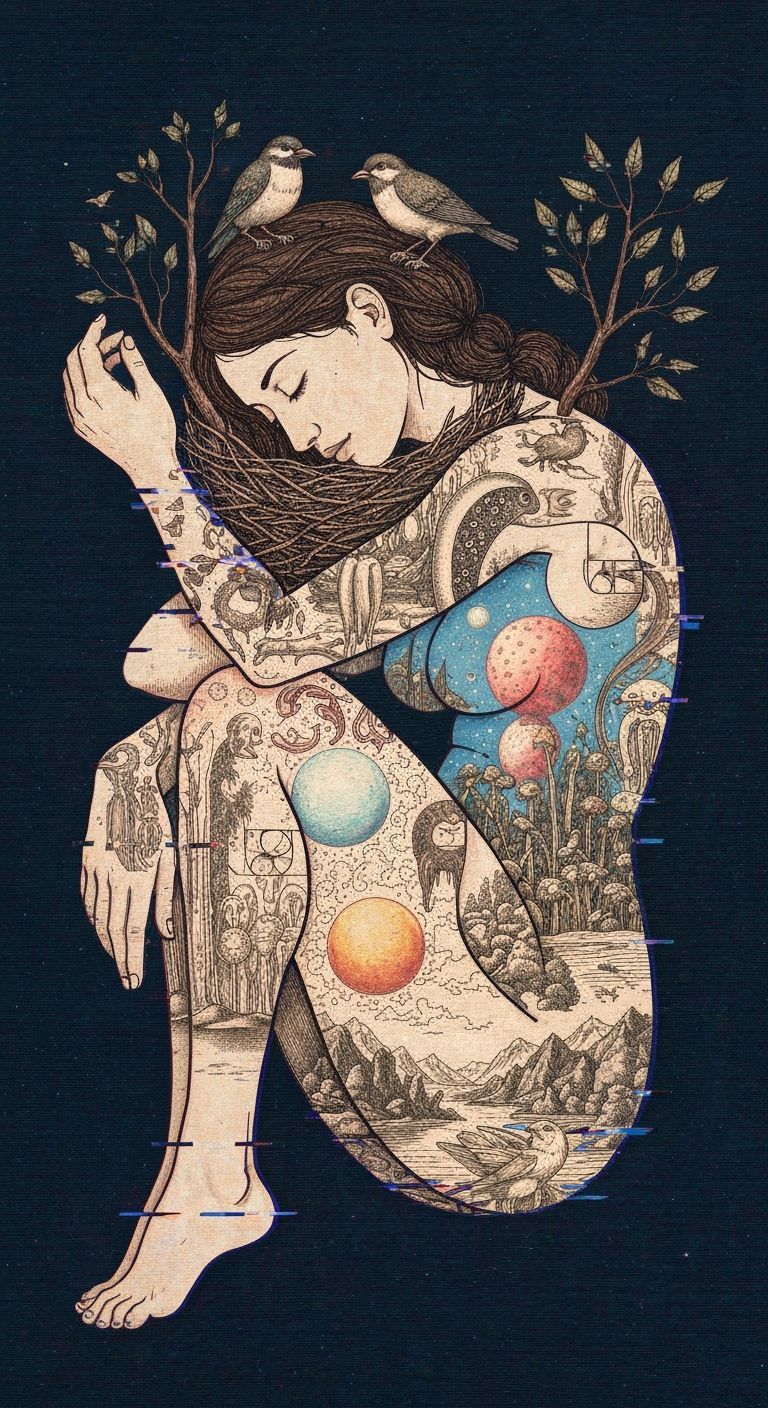 Dreamlike Concept Art: Female Figure Intertwined with Nature