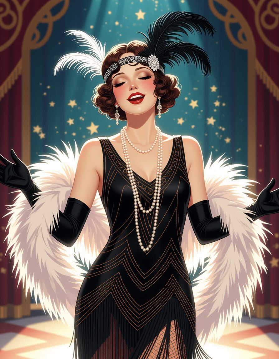 Flapper Showgirl Singing in Art Nouveau Style