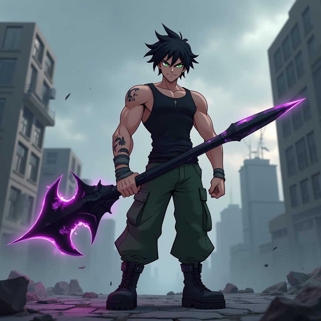 Cyberpunk Warrior Stands Tall on Ruined Rooftop