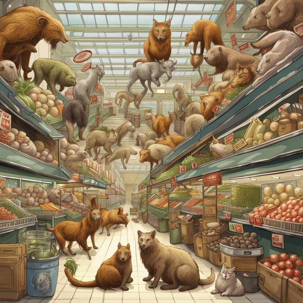 Hybrid Animals in an Ornate Supermarket