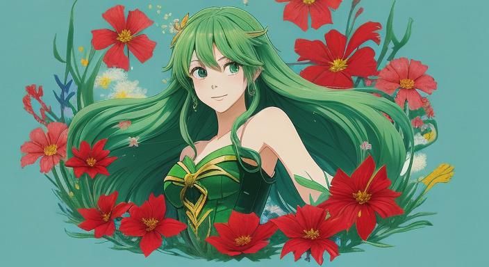 Mermaid Surrounded by Flowers in Anime Style