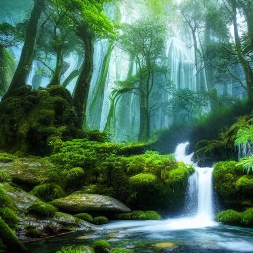 Majestic Luminescent Waterfall in Ancient Grotto