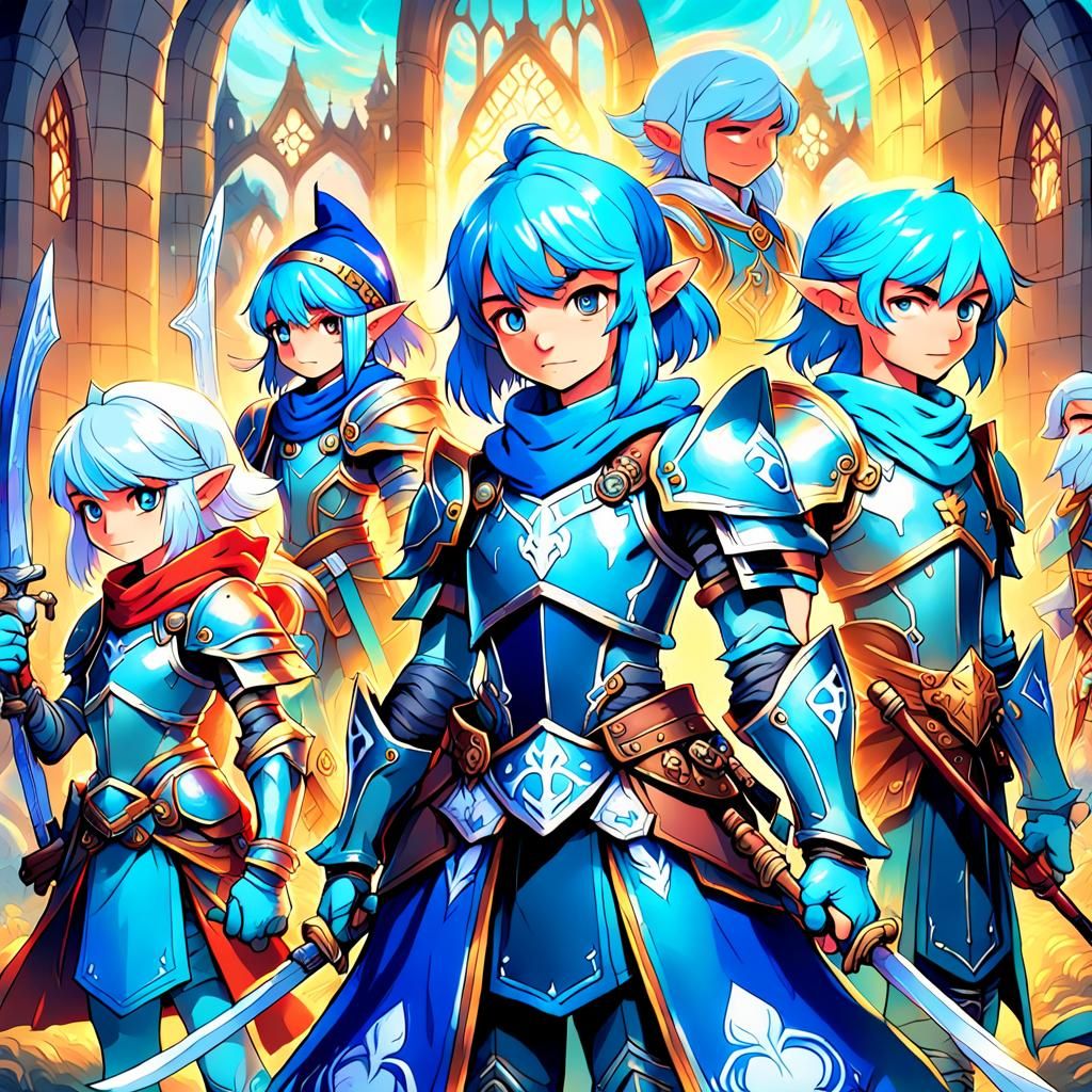 Smurfs as Blue Mage, Knight, Archer, and Cleric in Anime Sty...