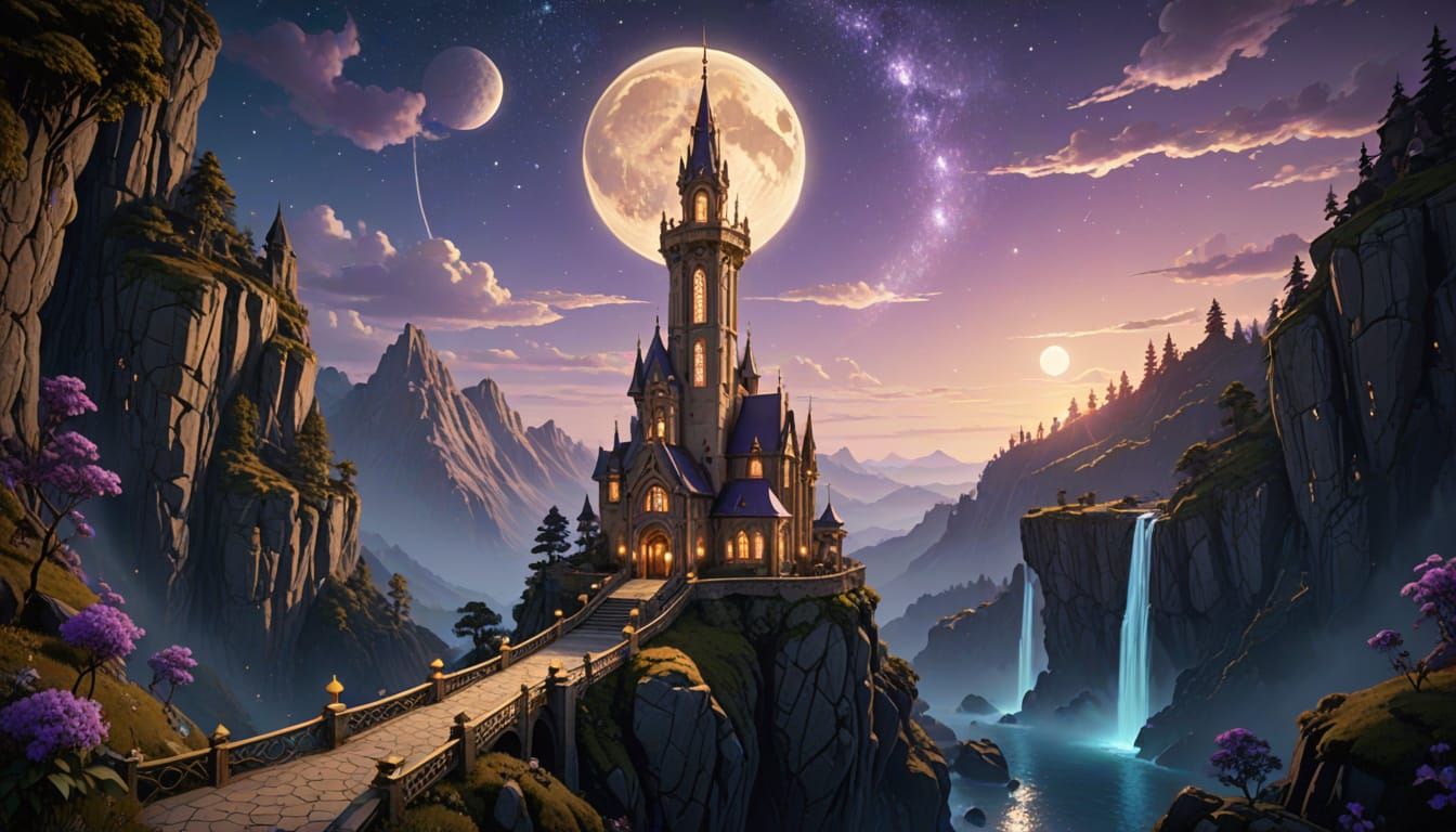 Surreal Gothic Water Tower Rises from Cliffside, Bathed in S...
