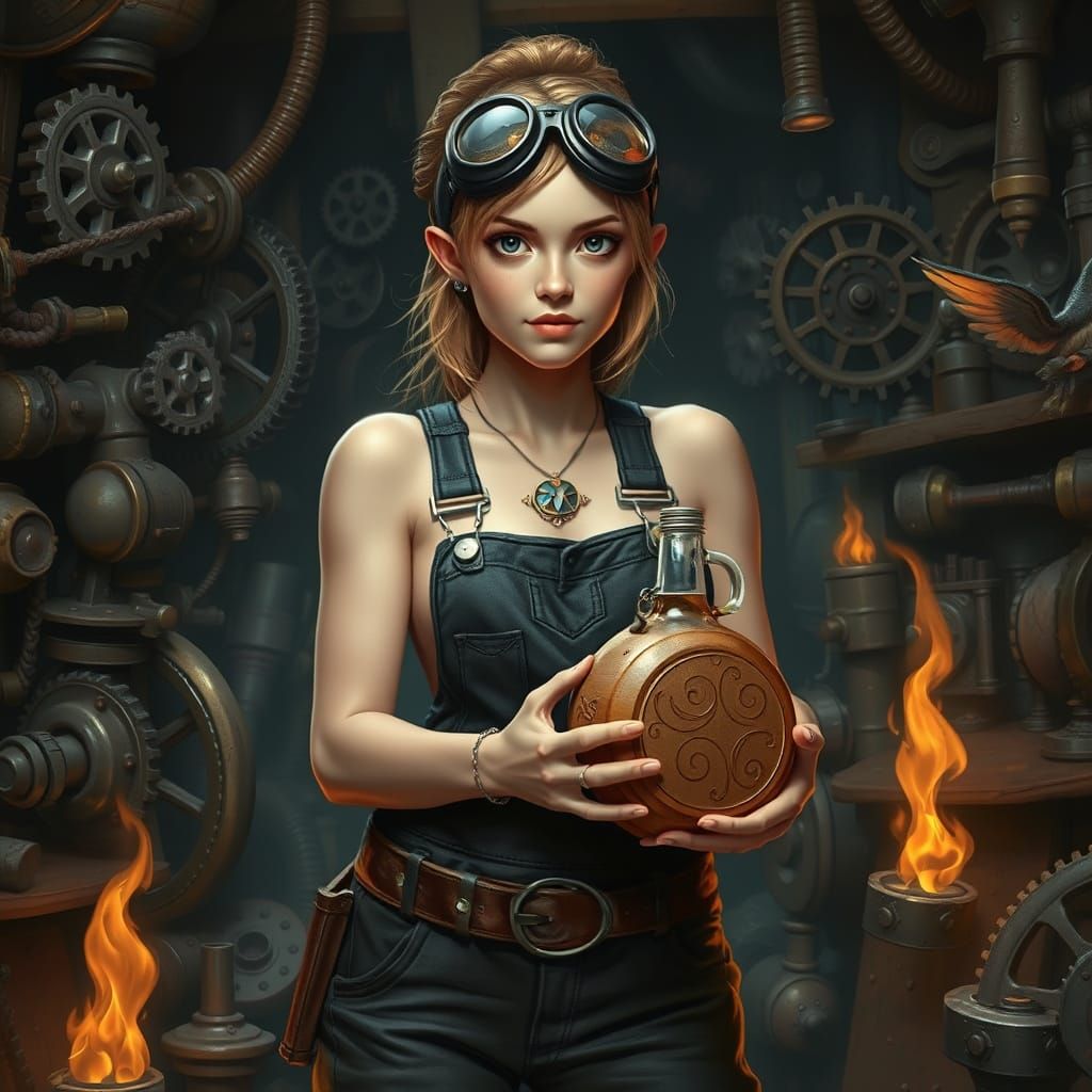 Dwarf Tinkerer in Chaotic Workshop, Digital Art