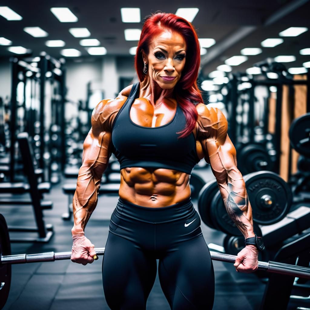 Female Bodybuilder Flexing Ripped Muscles in Gym