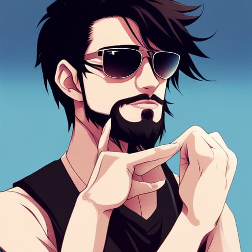 Anime Style Black-Haired Man with Beard and Sunglasses
