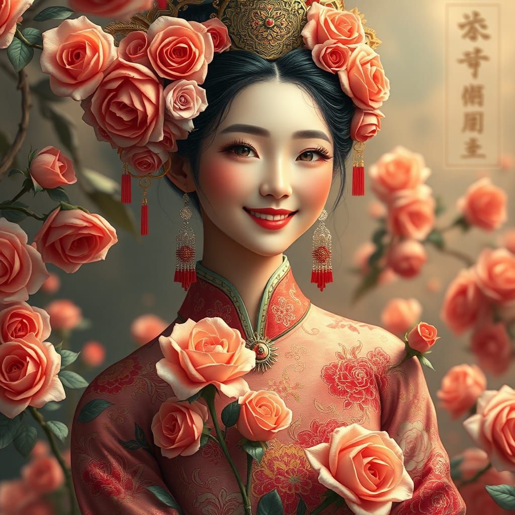 Chinese Woman with Roses: Detailed Matte Painting