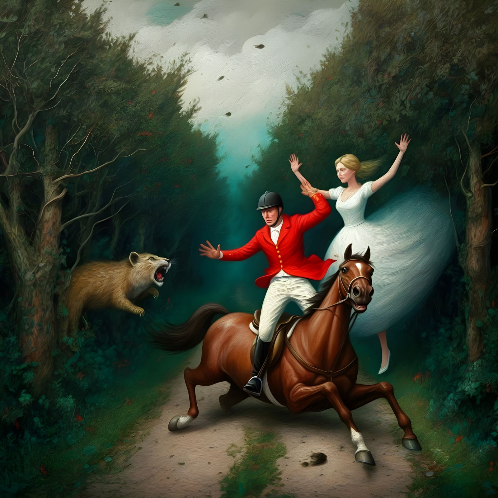 Man Thrown from Horse in Surreal Landscape
