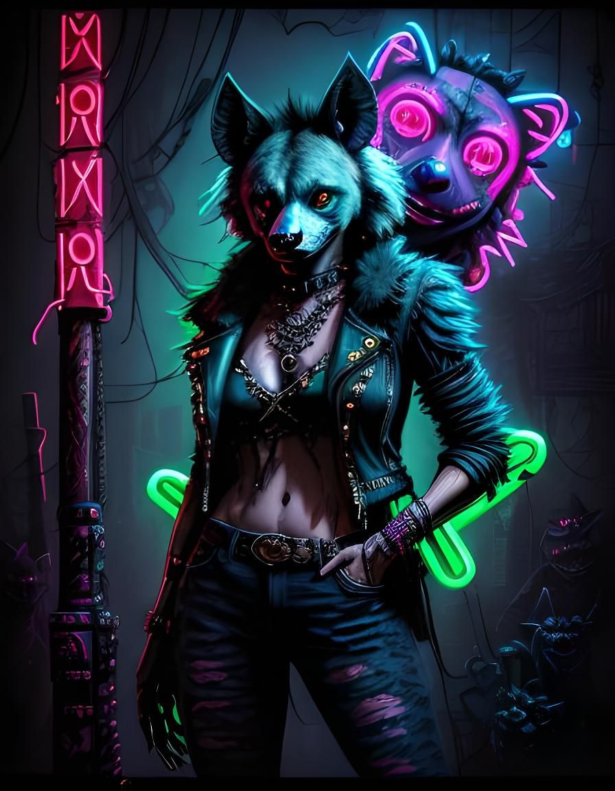 Cute Furry Hyena in Glowing Neon Horror Style
