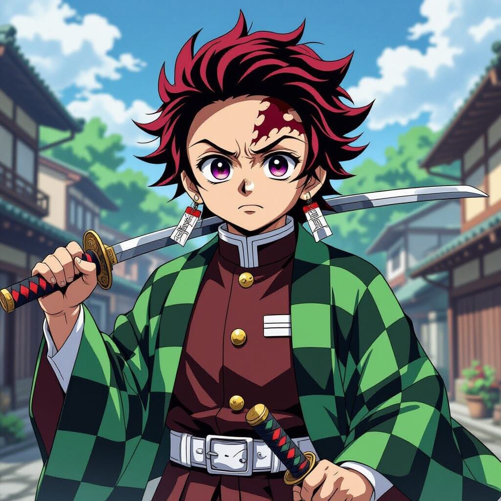 Tanjiro Kamado Anime Illustration with Nichirin Blade