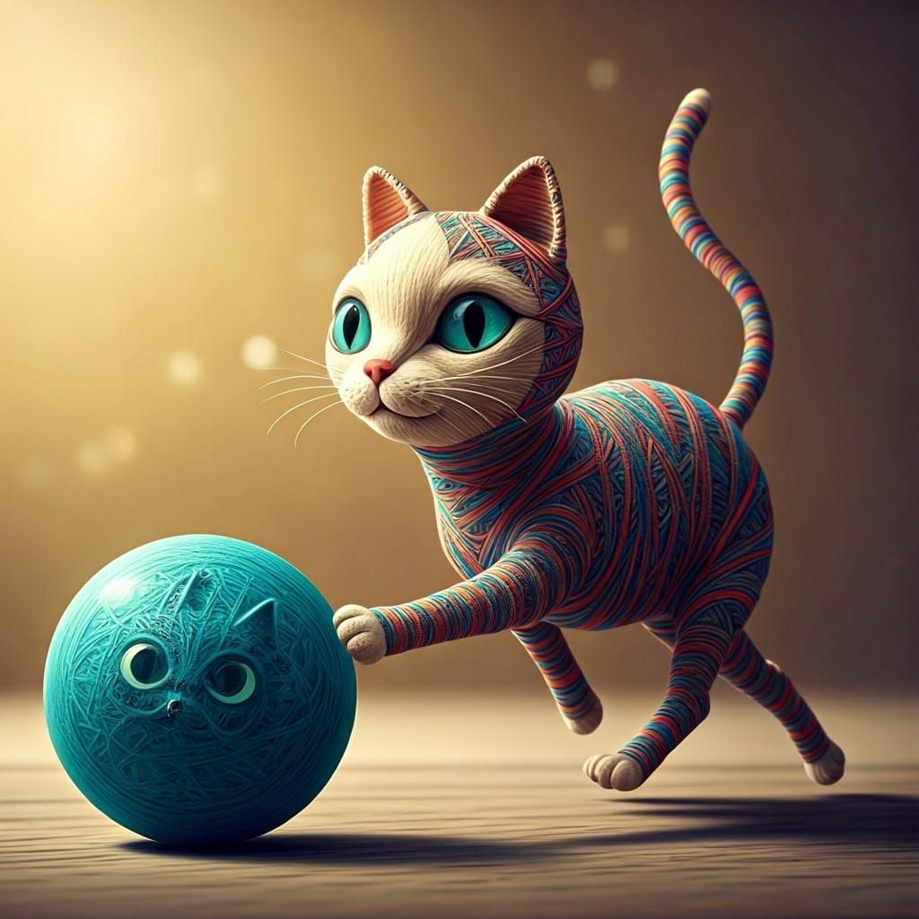 Whimsical String Cat Chasing Orb