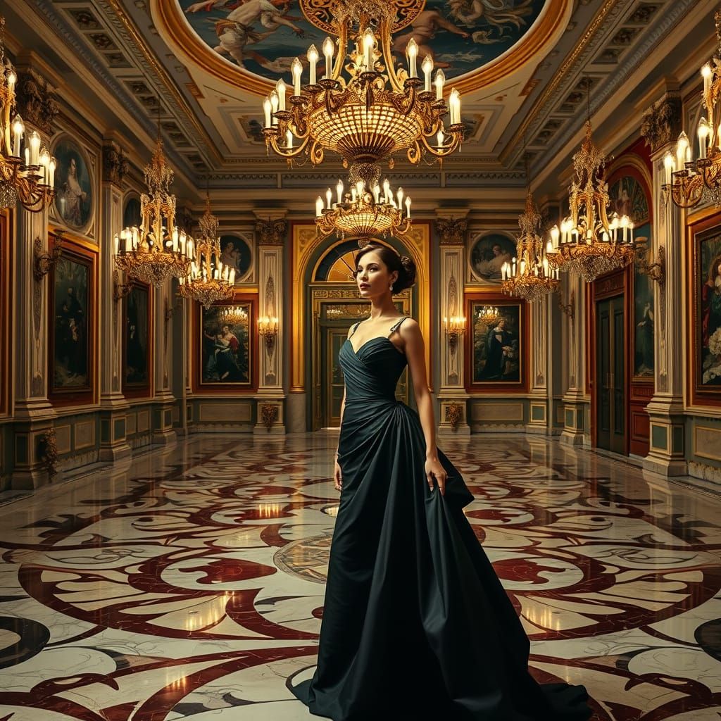 Elegant Woman in Baroque Ballroom with Opulent Chandeliers
