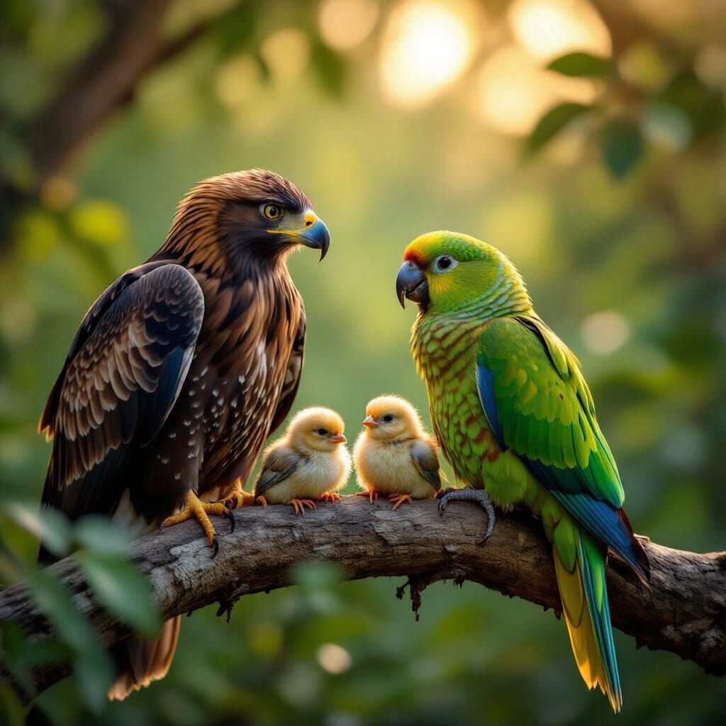Parrot Family with Eagle: A Symbol of Friendship