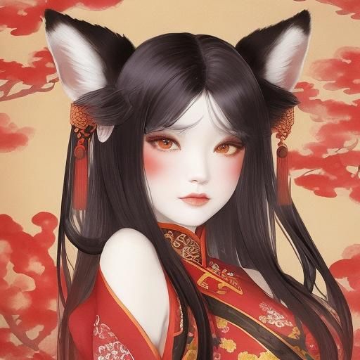 Fox Spirit Goddess Portrait in Watercolor Style