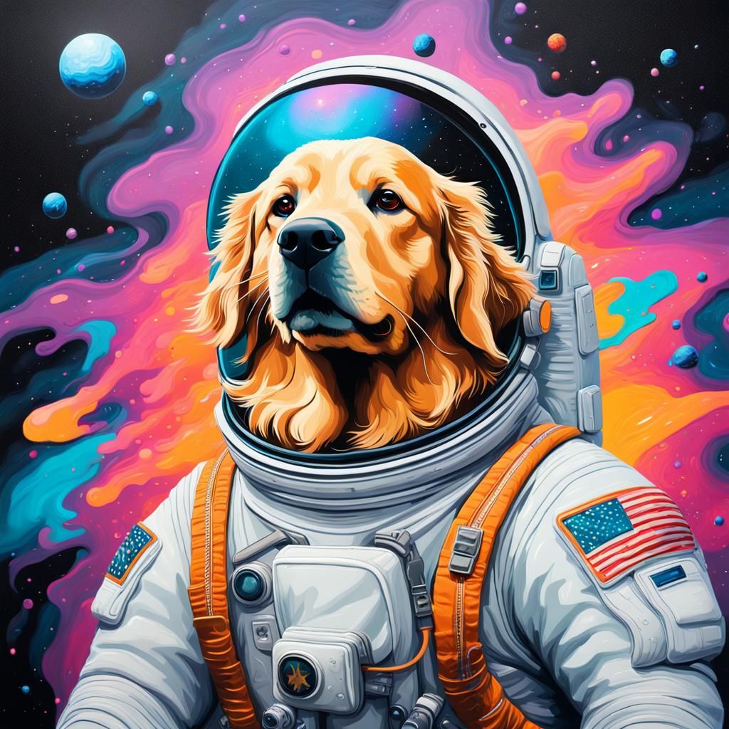 Golden Retriever Astronaut in Bioluminescent Galaxy