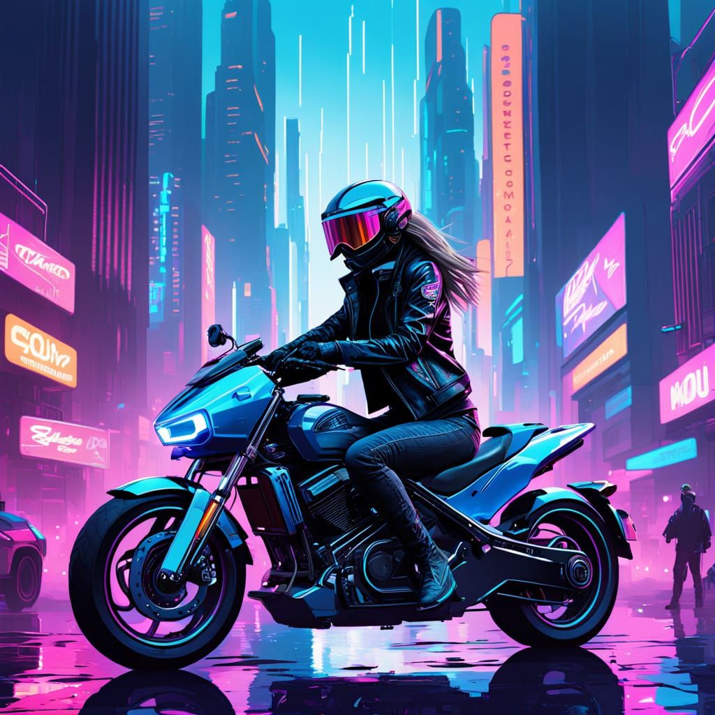 Neon-Lit City Biker in Cyberpunk Style