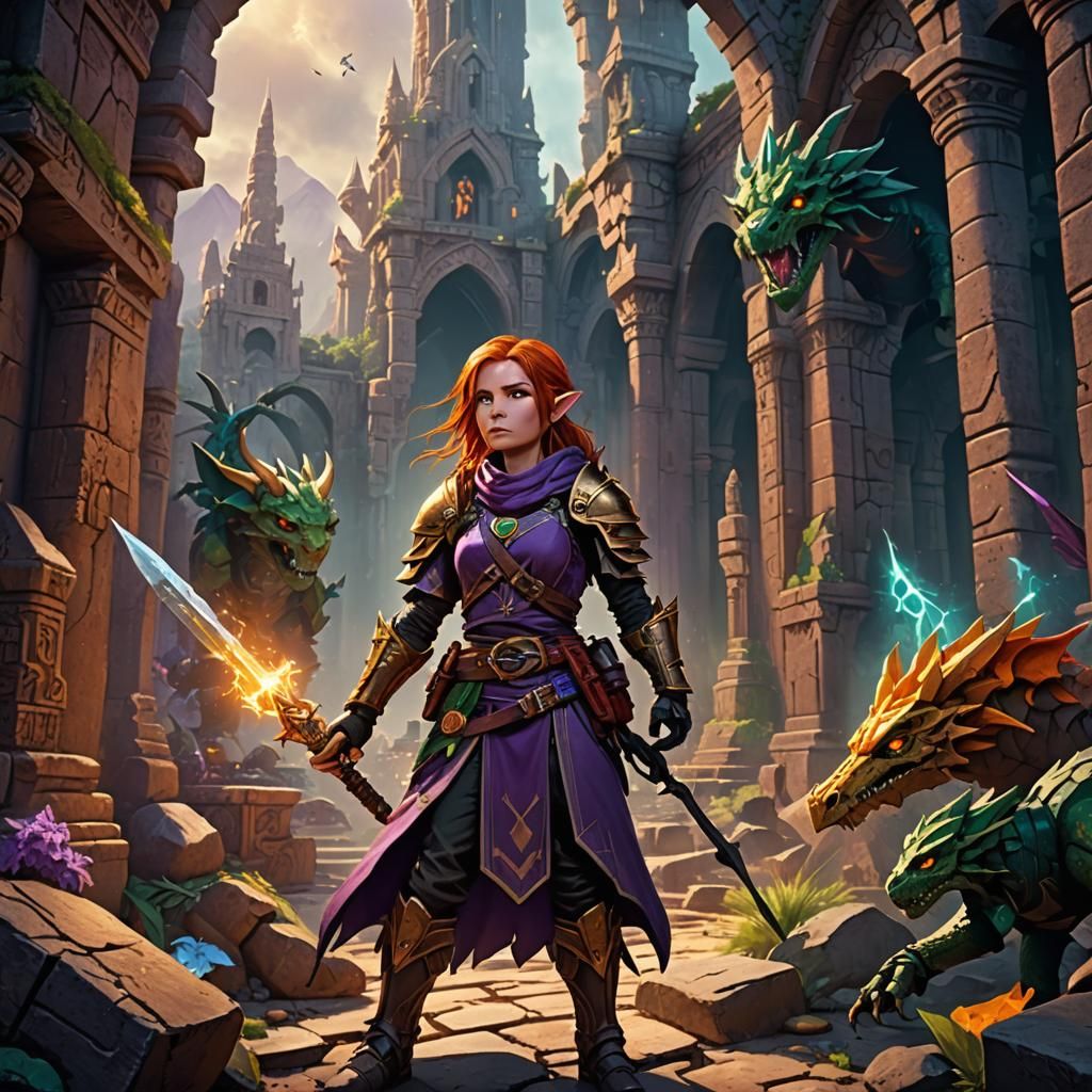 Halfling Wizard in Ruins with Dragons: Fantasy Art