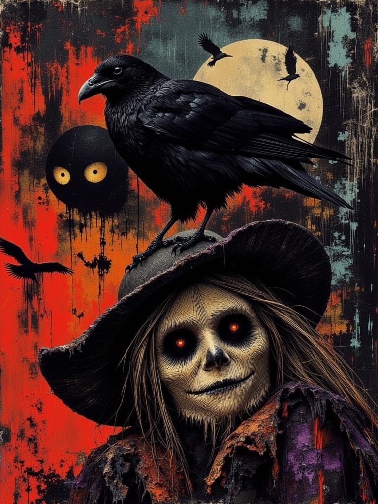 Halloween Pop Art Portrait: Raven & Scarecrow