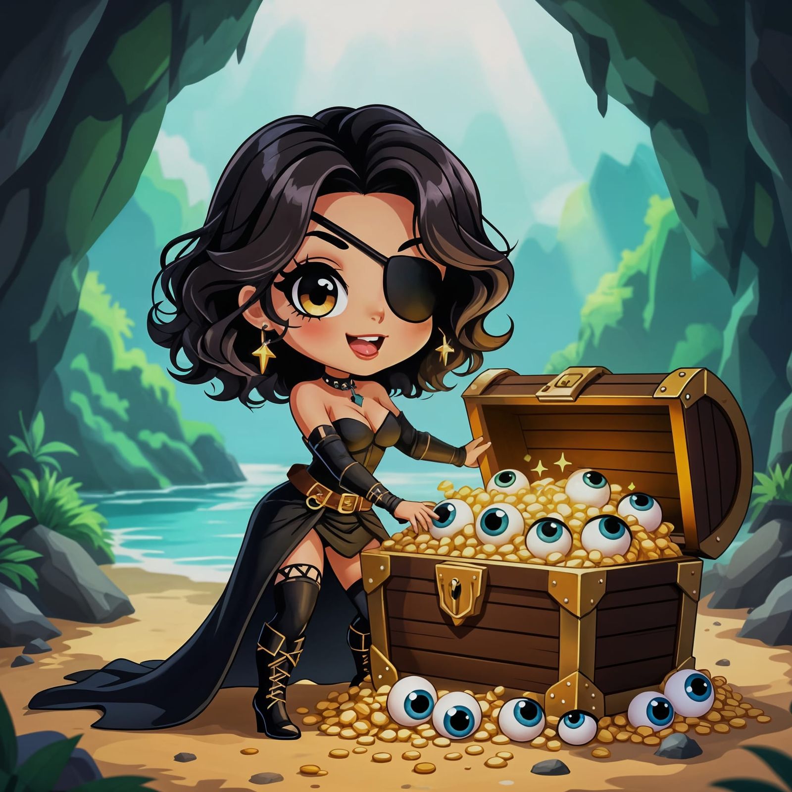 Chibi Pirate Woman Finds Treasure Chest