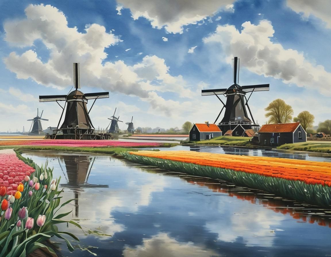 Dutch Windmills in Gouache Impressionist Style
