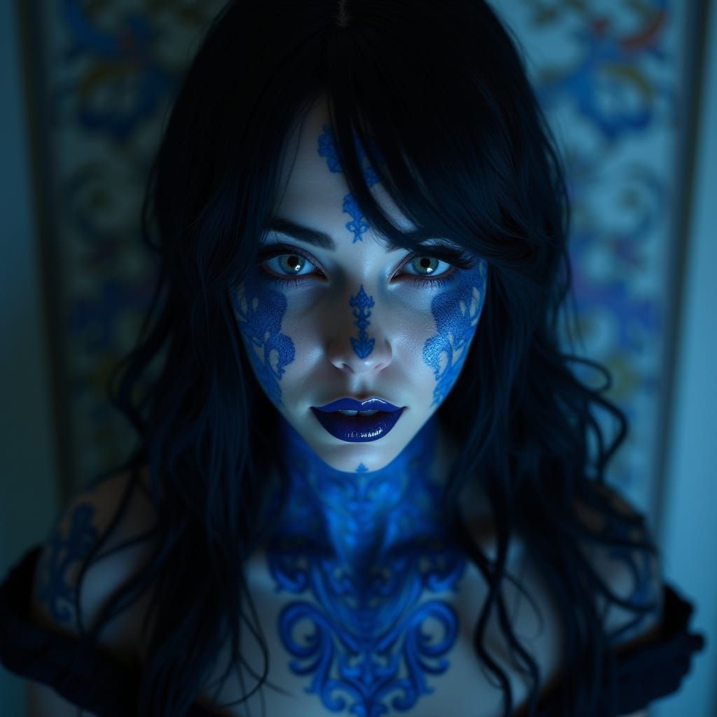 Enigmatic Mistress with Vibrant Blue Tattoos and Wide Smile