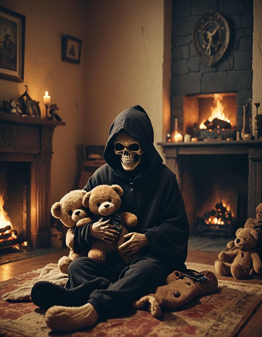 Young Grim Reaper with Teddy Bear in Cinematic Style