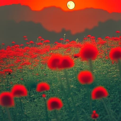 Glowing Red Flowers Under a Brilliant Moon