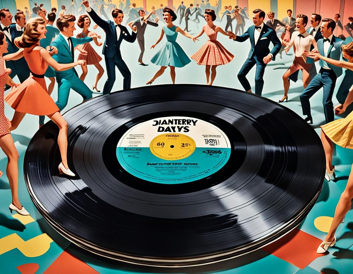 1960s Dance Party on Vinyl Record, Pixar Style