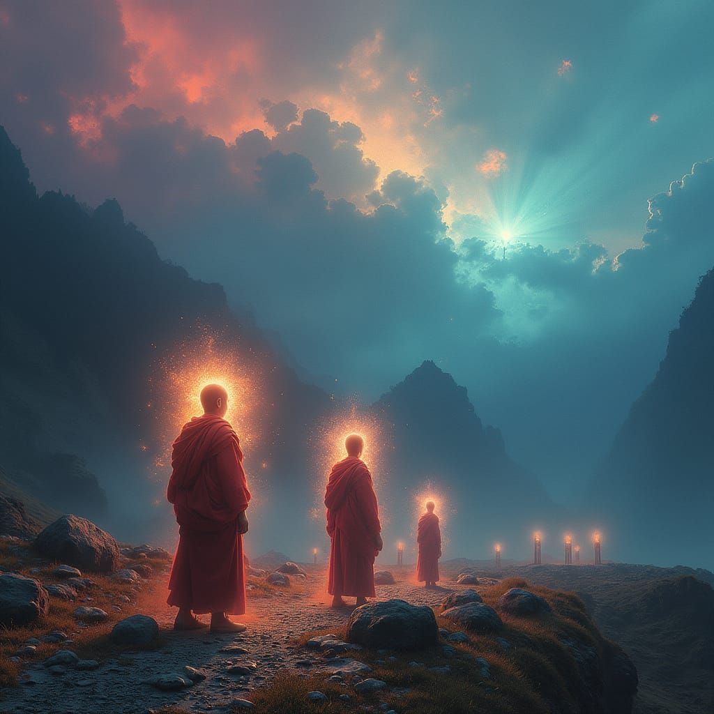 Mystical Tibetan Monks in Surreal Landscape