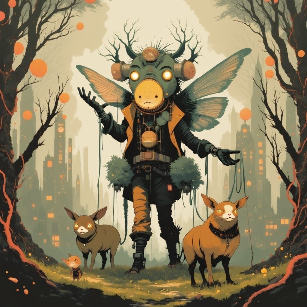 John Bauer Fairy in Atompunk Cityscape