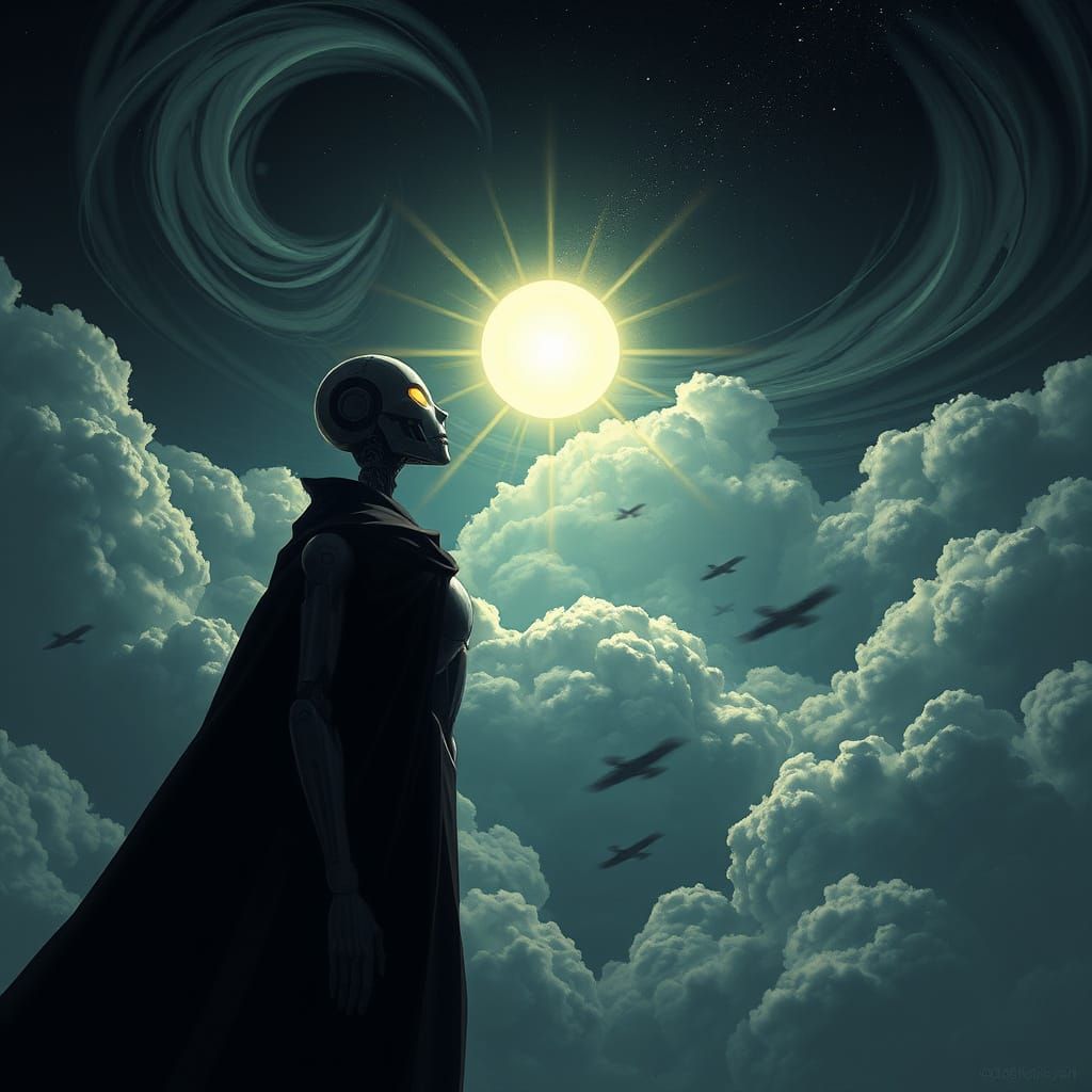 Solemn Robot Guide in Dark Sci-Fi Realm