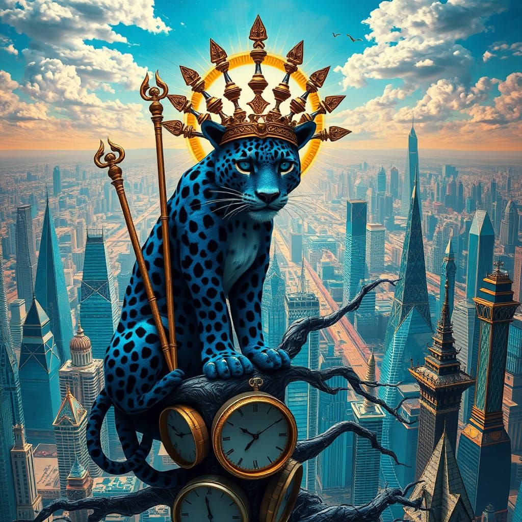 Blue Leopard Queen on Clock Tree, Surreal Scene
