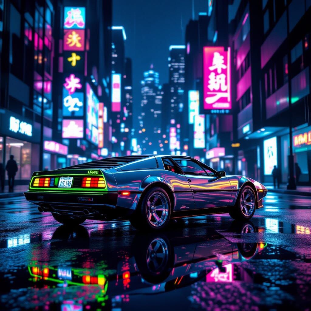 1980s Neon Sports Car in Cyberpunk City