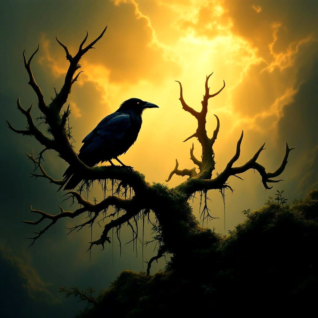 Majestic Raven Silhouetted Against Stag Antlers