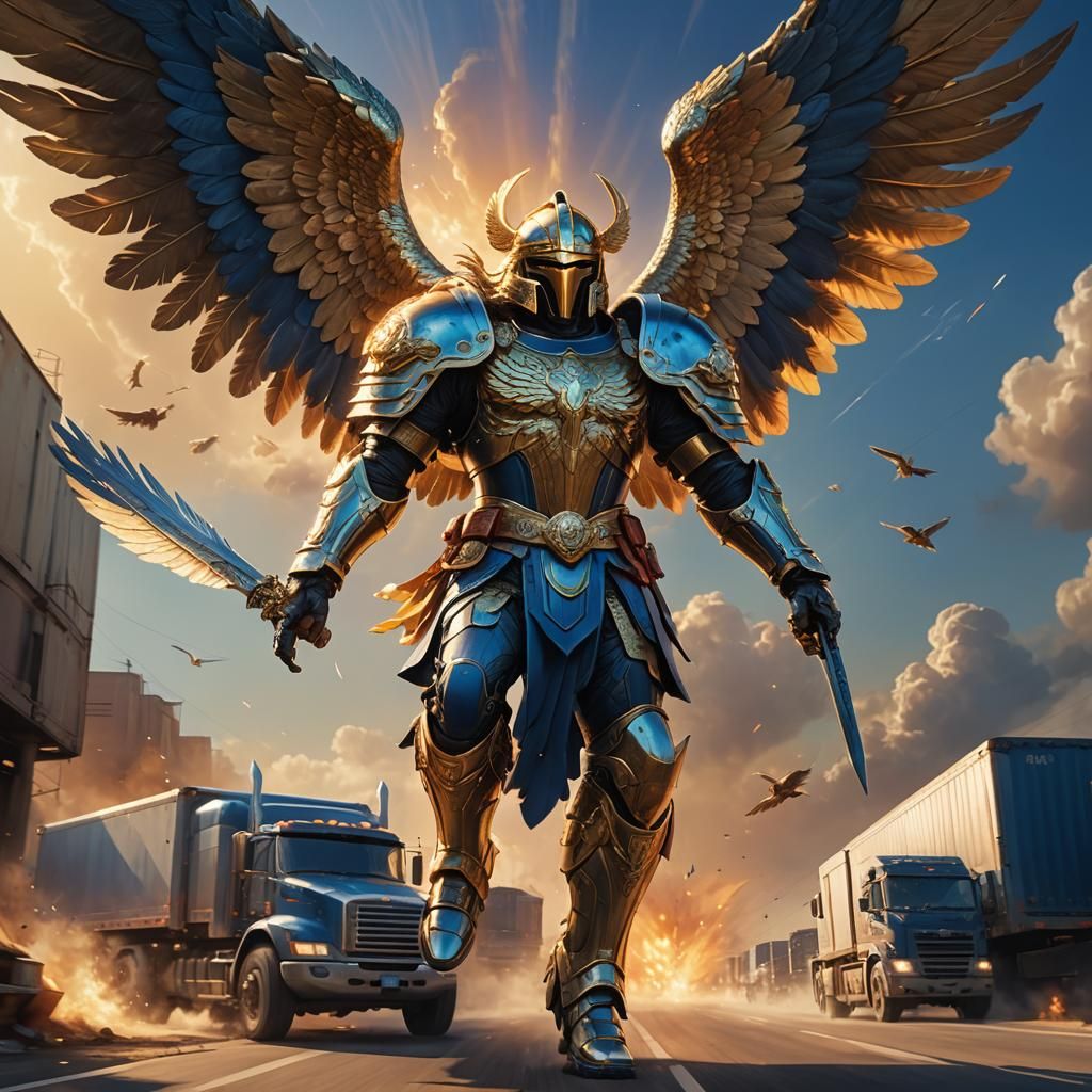 St. Michael Flies Over a Semi Truck: Fantasy Art