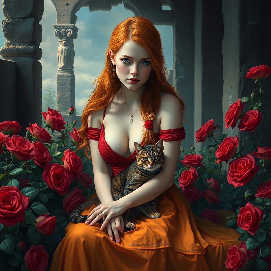 Hyperrealistic Woman with Cat in Rose Garden