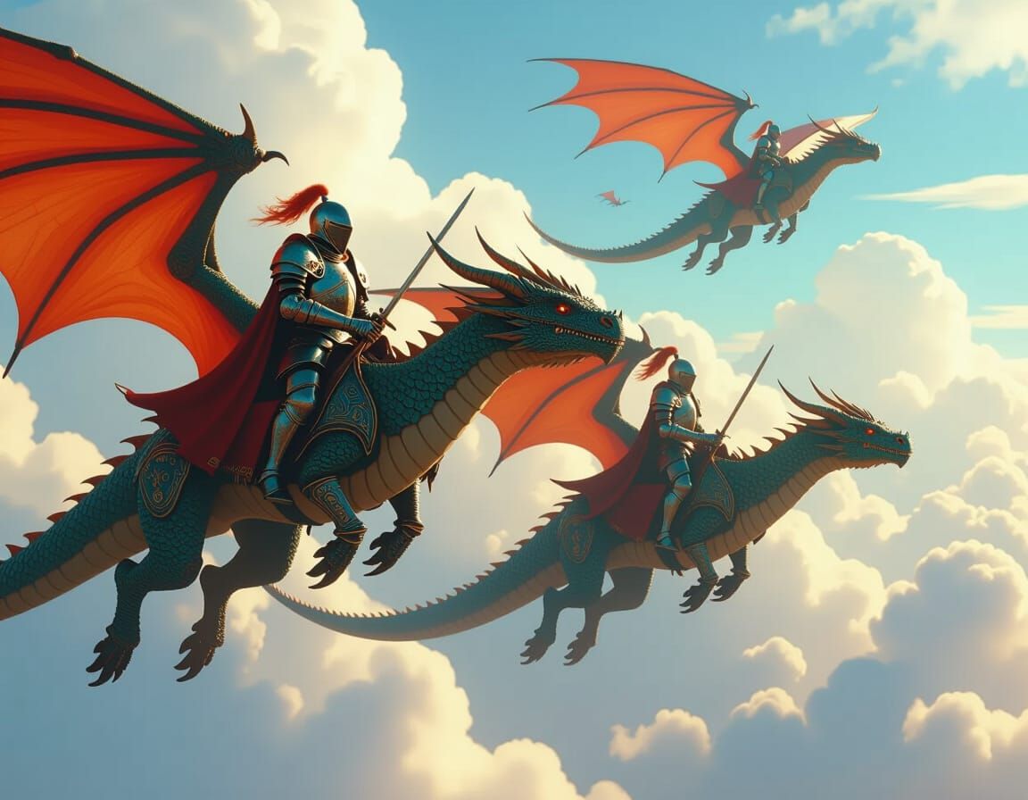 Knights on Dragons Soaring Through Shimmering Skies